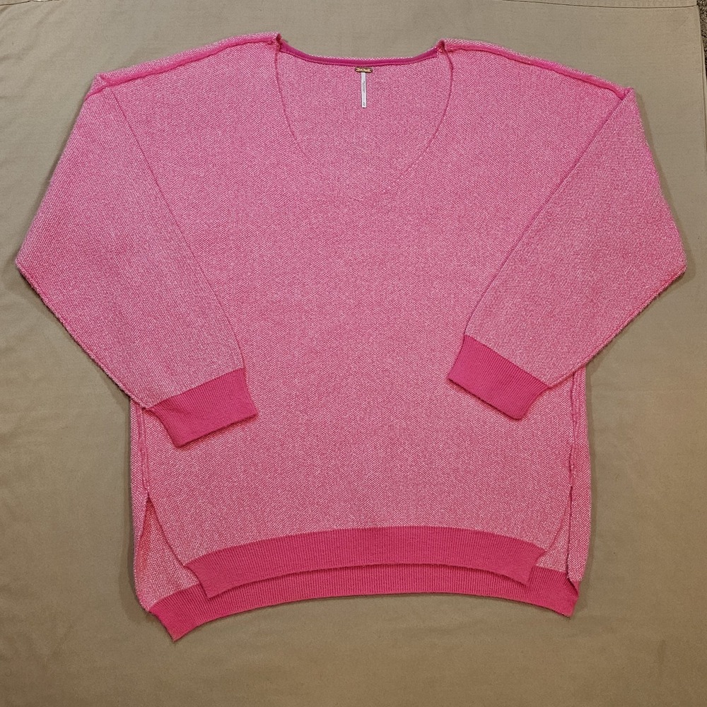 Free People Hot Pink V-Neck Womens XL Side‎ Hem Slit Knit Sweater Oversized